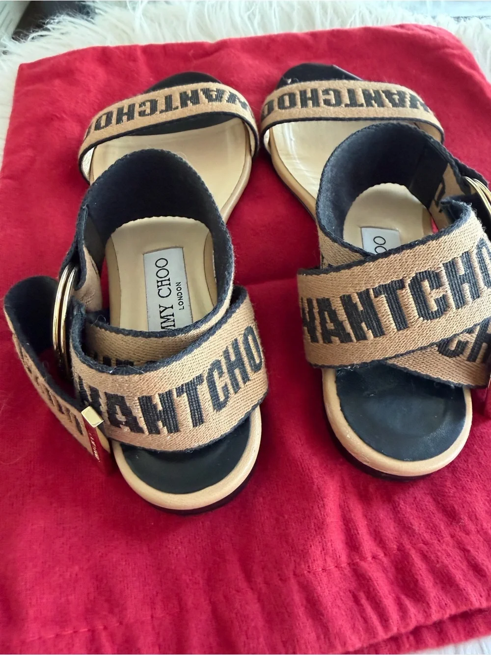 Jimmy Choo Black and Tan Logo Strap Flat Sandals size 7